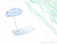 © Kate Schelter LLC 2022 | Blue white beach umbrella towel water by Kate Schelter