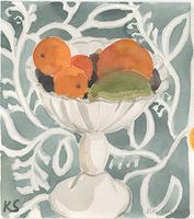 © Kate Schelter LLC 2022 | Oranges in White Pedestal Bow blue pattern, by Kate Schelter