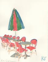 © Kate Schelter LLC 2022 | Red blue green umbrella cafe chairs by Kate Schelter